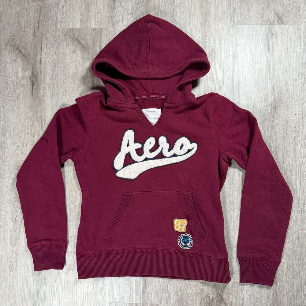 Womens Y2K Aeropostale Burgundy Patches Pullover Hoodie Medium